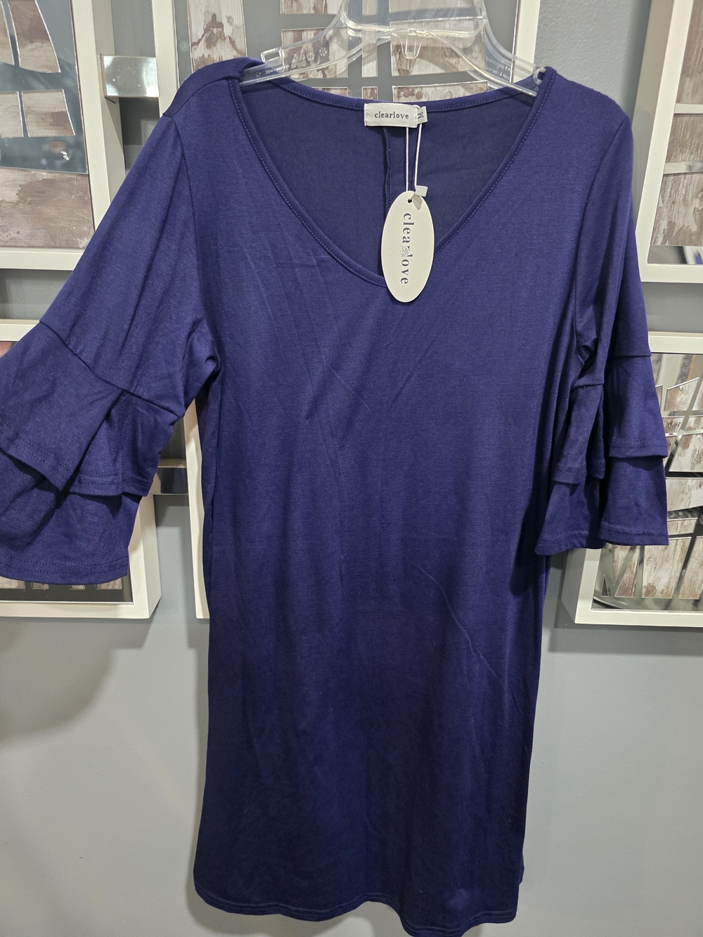 Navy Ruffle Sleeve V-Neck Dress